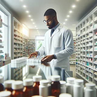 Realistic stock image of pharmacist organizing medications